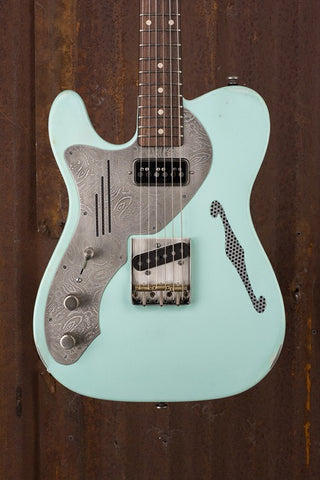 18008 Antique Silver Paisley Engraved on Ocean Blue Deluxe Lefty SteelCaster