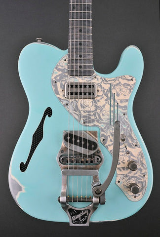 12057 Sea Foam Green on Cream Roses Deluxe SteelCaster with B16 Bigsby