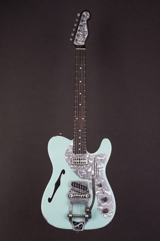 17046 Ocean Blue On Cream Roses Deluxe SteelCaster Bigsby