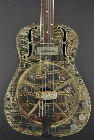 13098 Rust on Cream Gator Engraved SteelResoGator