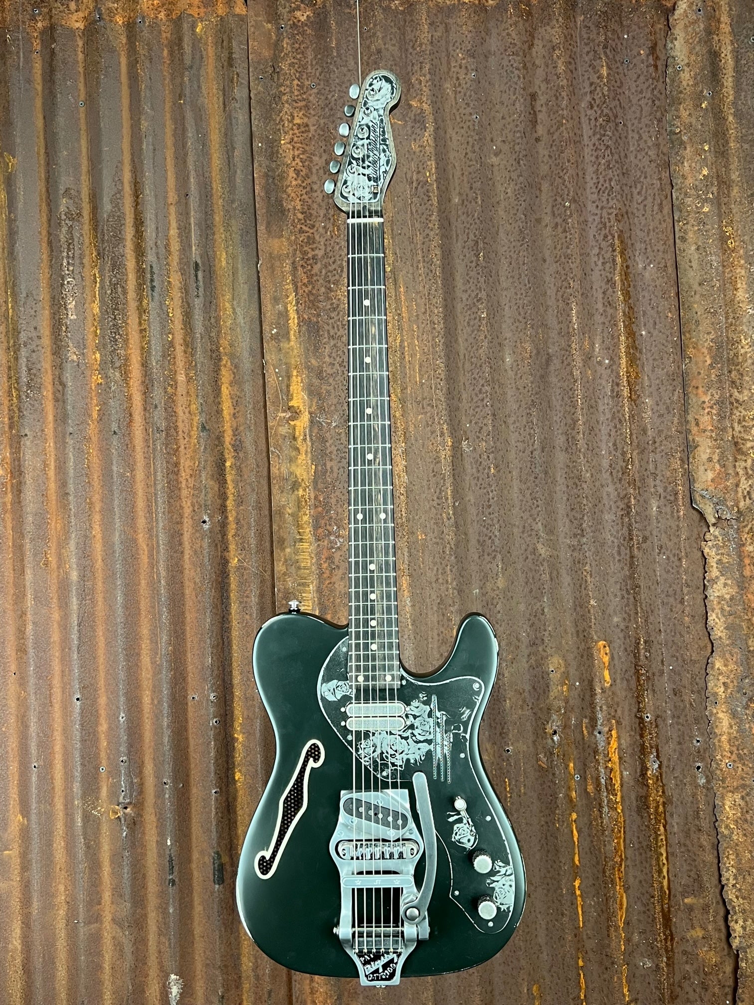 22085 Black Satin Roses Deluxe SteelCaster with B16 Bigsby