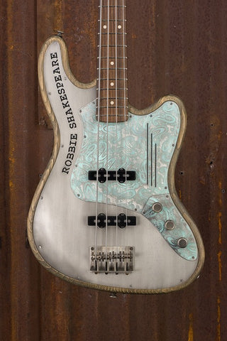 18011 Antique Silver on Ocean Blue Paisley Engraved SteelGuardCaster Bass