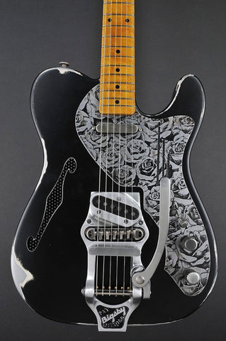 12099 Black on Cream Roses Deluxe SteelCaster with B16 Bigsby