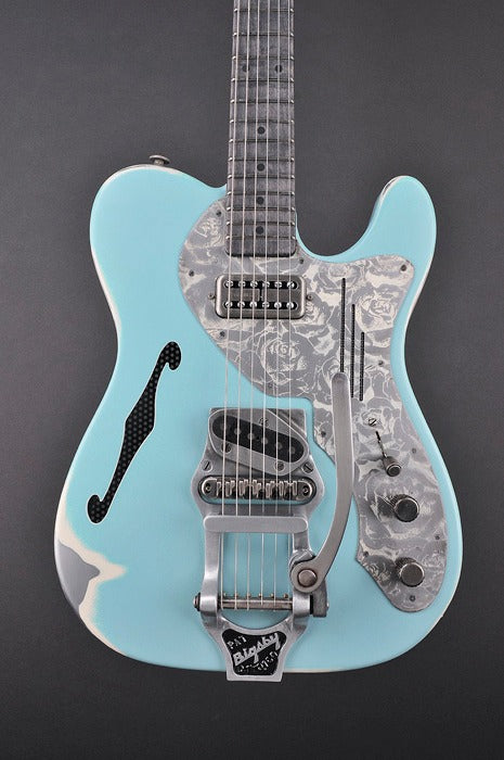 12196 Sea Foam Green on Cream Roses Deluxe SteelCaster with B16 Bigsby