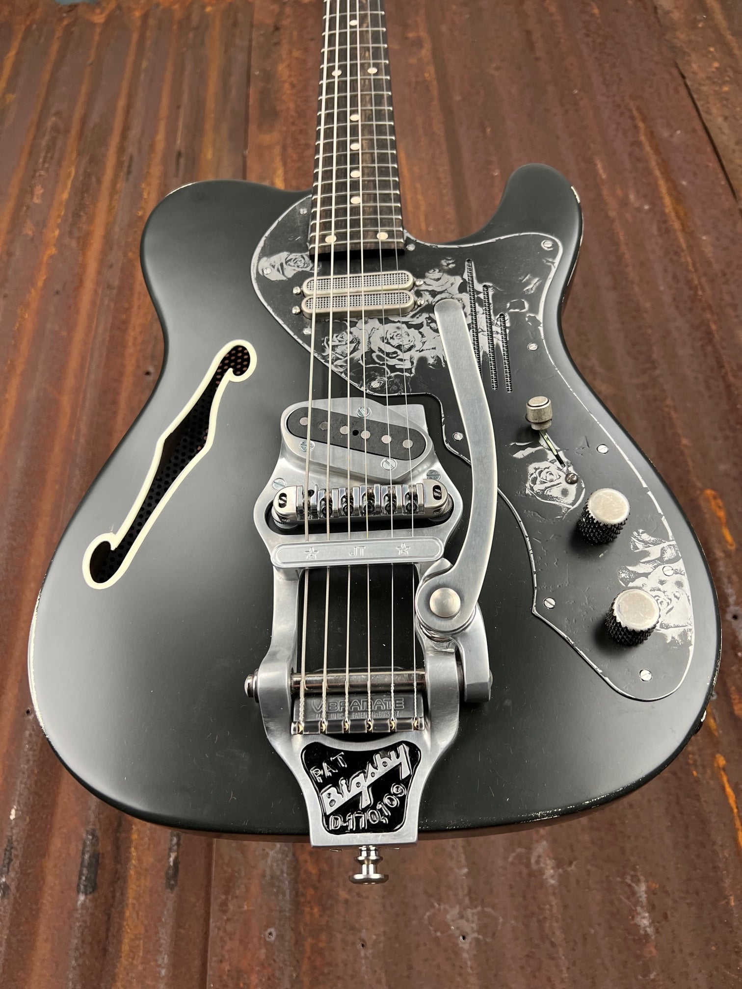 22085 Black Satin Roses Deluxe SteelCaster with B16 Bigsby